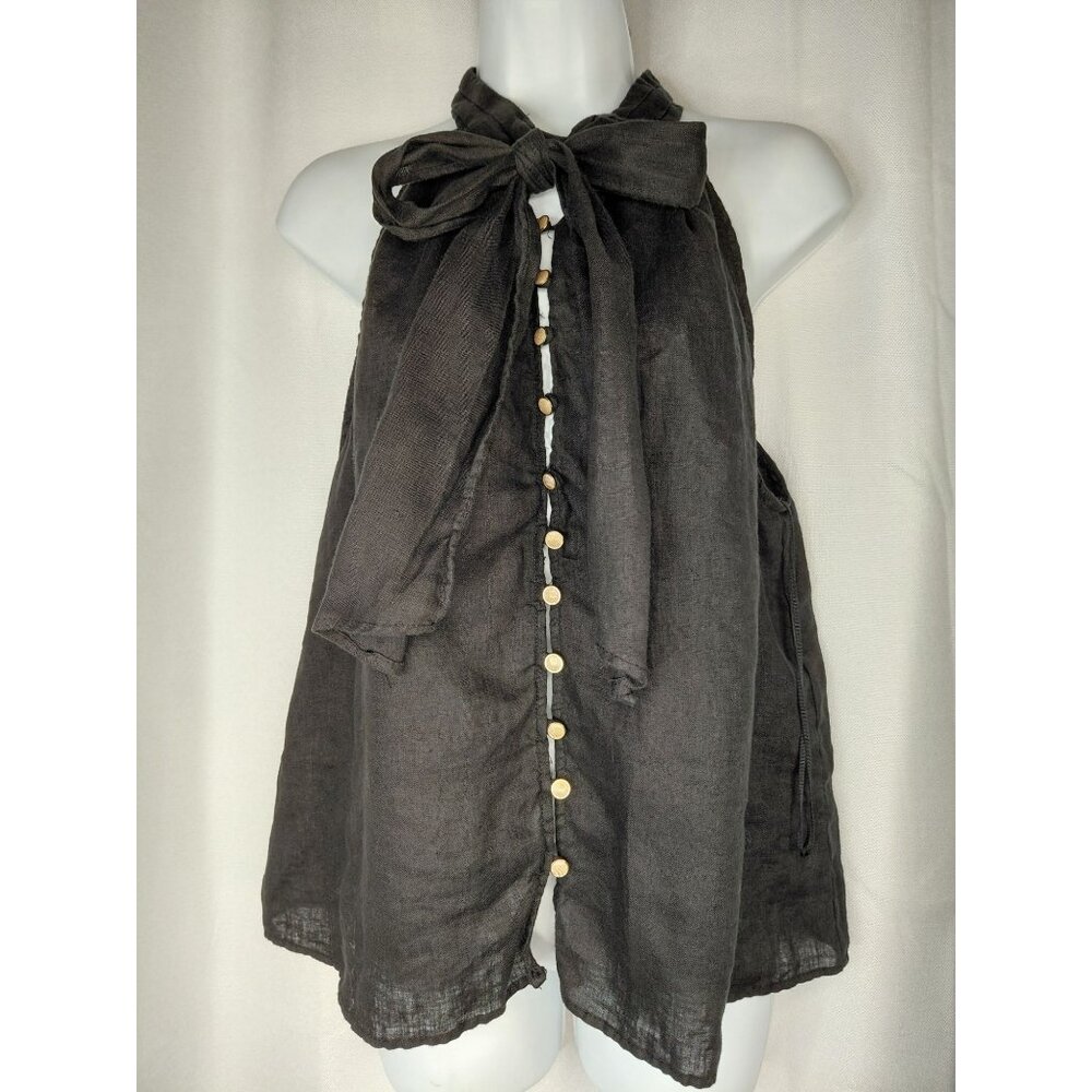 Zara Womens Black Linen Halter Top With Button Front & Tie Neck